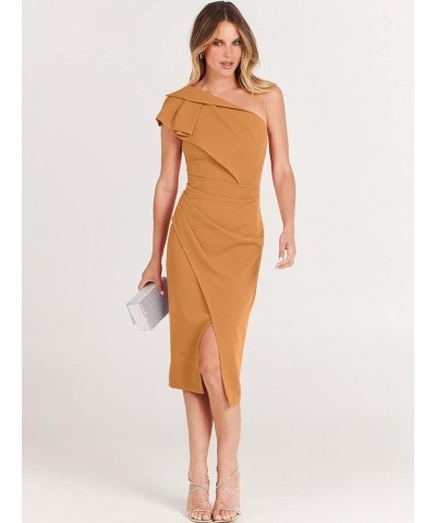 Women’s Summer One Shoulder Sleeveless Ruched Slit Split Dress Sexy Bodycon Midi Formal Party Dresses Orange $25.30 Dresses