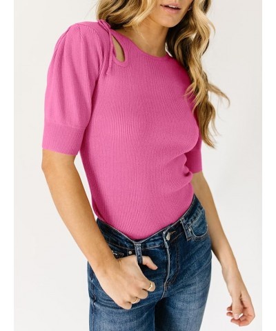 Womens Puff Short Sleeve Tops Summer Going Out Casual Cute Crew Neck Trendy Knit Sexy Cutout Sweater Shirts Rose Red $13.44 S...