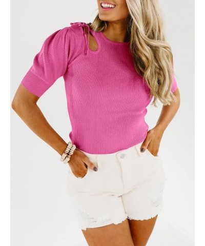 Womens Puff Short Sleeve Tops Summer Going Out Casual Cute Crew Neck Trendy Knit Sexy Cutout Sweater Shirts Rose Red $13.44 S...