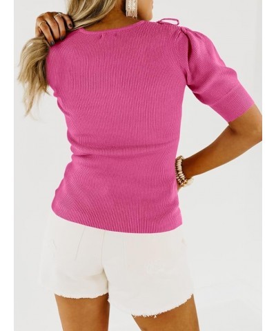 Womens Puff Short Sleeve Tops Summer Going Out Casual Cute Crew Neck Trendy Knit Sexy Cutout Sweater Shirts Rose Red $13.44 S...