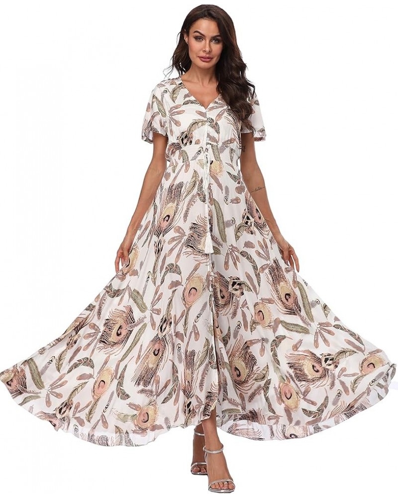 Women's Boho Floral Maxi Dress Summer Button Up Split Flowy Beach Party Dress White Feather $18.89 Dresses