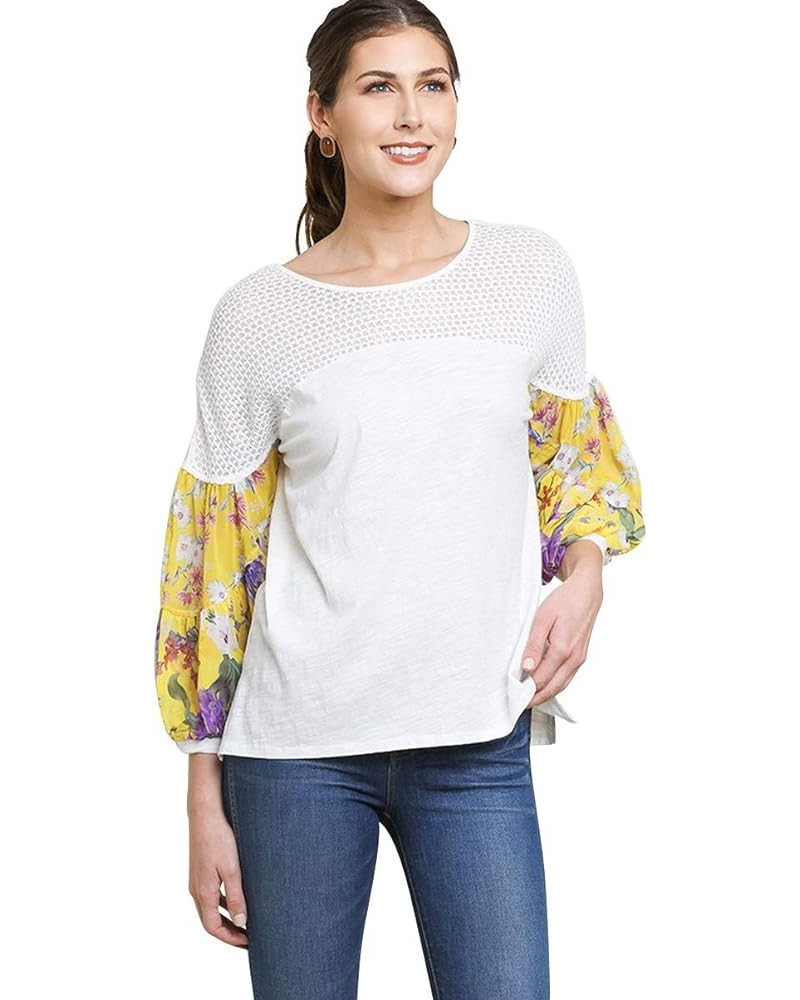 Umgee Women's Floral Mixed Print Puff Sleeve Knit Top Off-white $14.35 Tops