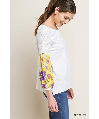 Umgee Women's Floral Mixed Print Puff Sleeve Knit Top Off-white $14.35 Tops