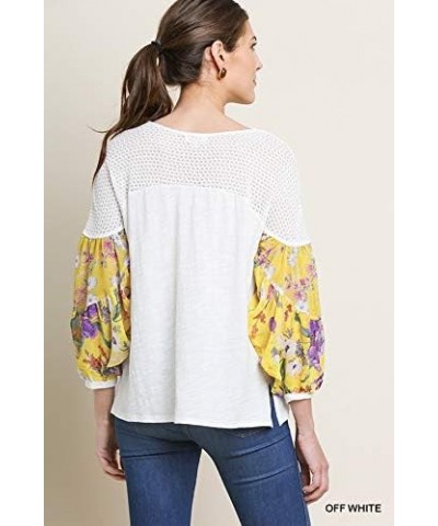 Umgee Women's Floral Mixed Print Puff Sleeve Knit Top Off-white $14.35 Tops