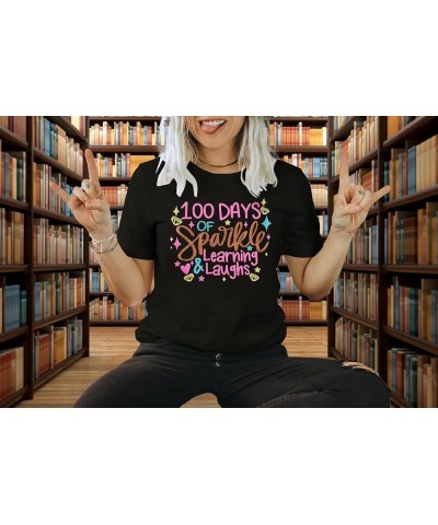 Women 100 Days of School Shirt Teacher Student Tshirt Funny Sparkle Learning and Laughs Letter Print Tee Top Black $9.71 T-Sh...