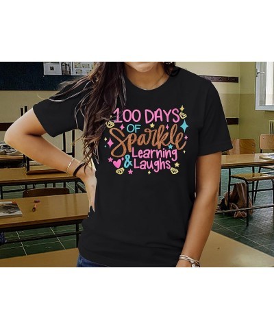 Women 100 Days of School Shirt Teacher Student Tshirt Funny Sparkle Learning and Laughs Letter Print Tee Top Black $9.71 T-Sh...