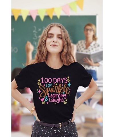 Women 100 Days of School Shirt Teacher Student Tshirt Funny Sparkle Learning and Laughs Letter Print Tee Top Black $9.71 T-Sh...