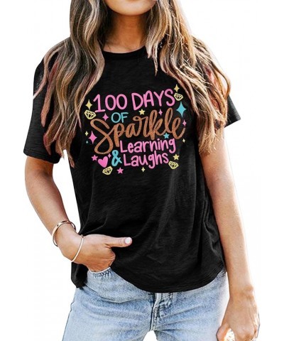 Women 100 Days of School Shirt Teacher Student Tshirt Funny Sparkle Learning and Laughs Letter Print Tee Top Black $9.71 T-Sh...