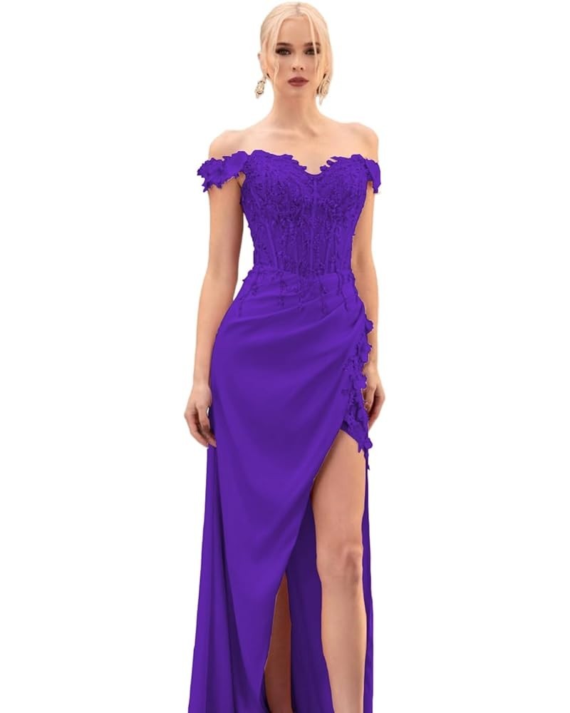 Lace Applique Prom Dresses for Woman Sweetheart Off Shoulder Satin Formal Evening Party Dress with Slit Purple $29.24 Dresses