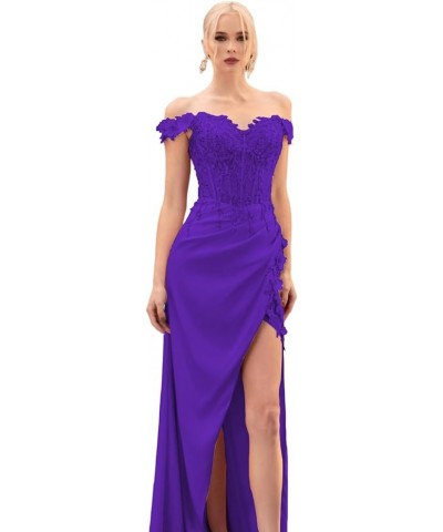 Lace Applique Prom Dresses for Woman Sweetheart Off Shoulder Satin Formal Evening Party Dress with Slit Purple $29.24 Dresses