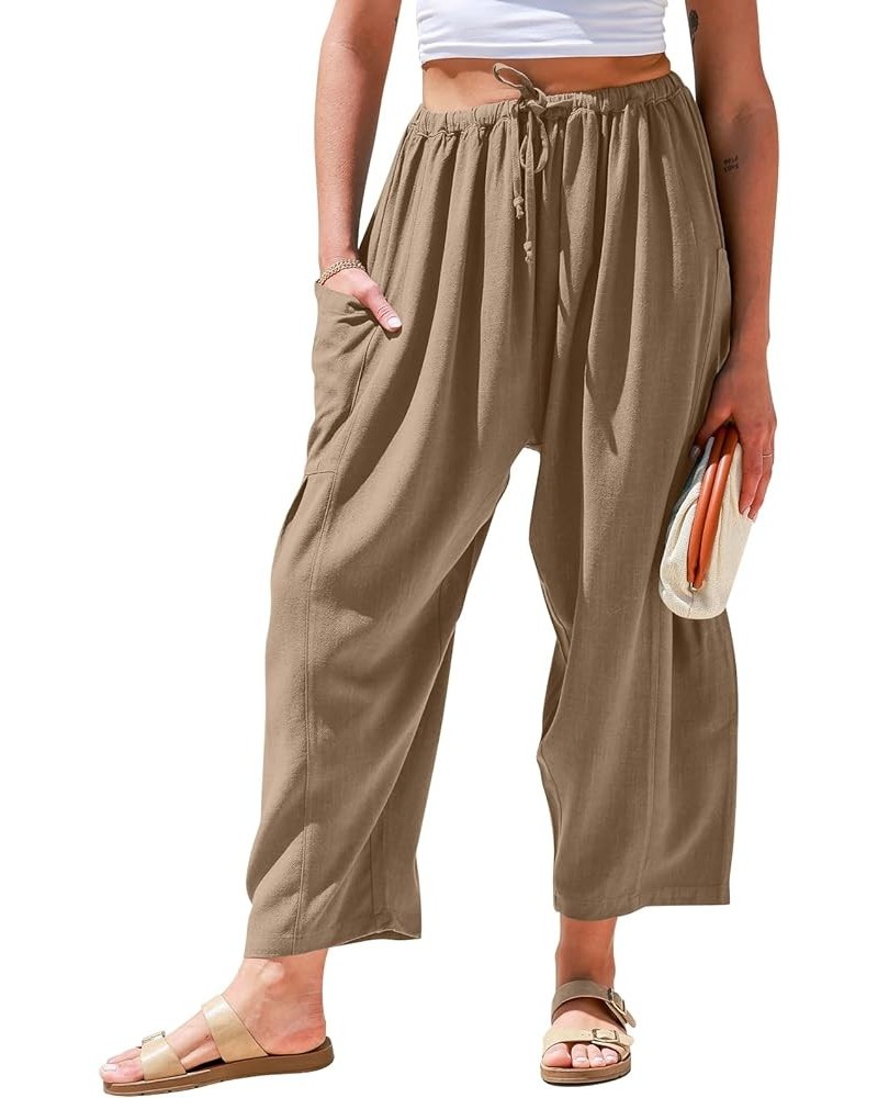 Womens Linen Wide Leg Pants Casual Loose Drawstring Low Waist Beach Palazzo Harem Pants with Pockets Coffee $18.01 Pants