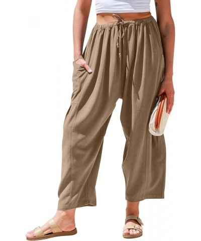 Womens Linen Wide Leg Pants Casual Loose Drawstring Low Waist Beach Palazzo Harem Pants with Pockets Coffee $18.01 Pants