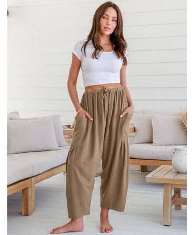 Womens Linen Wide Leg Pants Casual Loose Drawstring Low Waist Beach Palazzo Harem Pants with Pockets Coffee $18.01 Pants