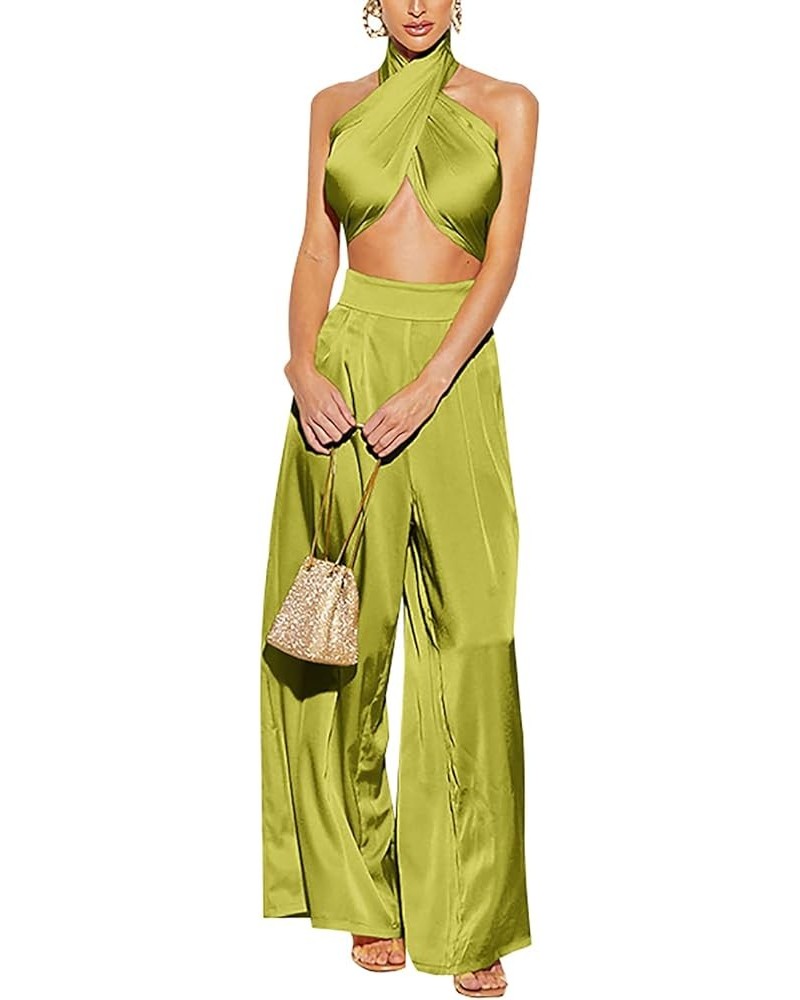 Summer Elegant Two Piece Outfits for Women, Sexy Halter Criss Cross Crop Tops and Wide Leg Pants Sets Shiny Clubwear Green-1 ...