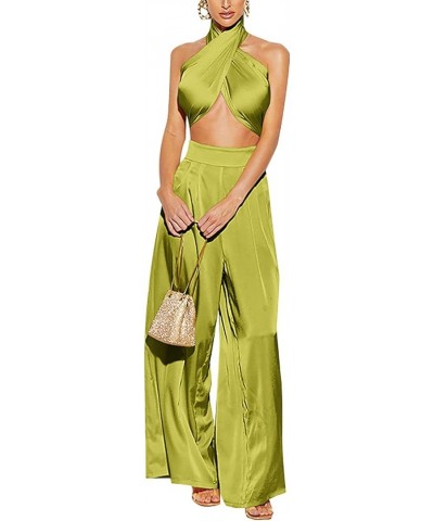 Summer Elegant Two Piece Outfits for Women, Sexy Halter Criss Cross Crop Tops and Wide Leg Pants Sets Shiny Clubwear Green-1 ...