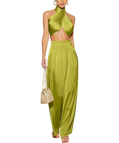 Summer Elegant Two Piece Outfits for Women, Sexy Halter Criss Cross Crop Tops and Wide Leg Pants Sets Shiny Clubwear Green-1 ...