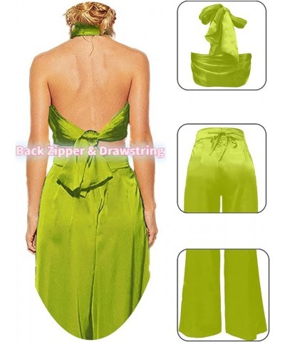 Summer Elegant Two Piece Outfits for Women, Sexy Halter Criss Cross Crop Tops and Wide Leg Pants Sets Shiny Clubwear Green-1 ...