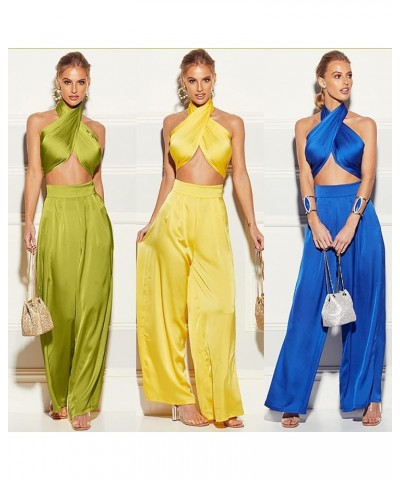 Summer Elegant Two Piece Outfits for Women, Sexy Halter Criss Cross Crop Tops and Wide Leg Pants Sets Shiny Clubwear Green-1 ...