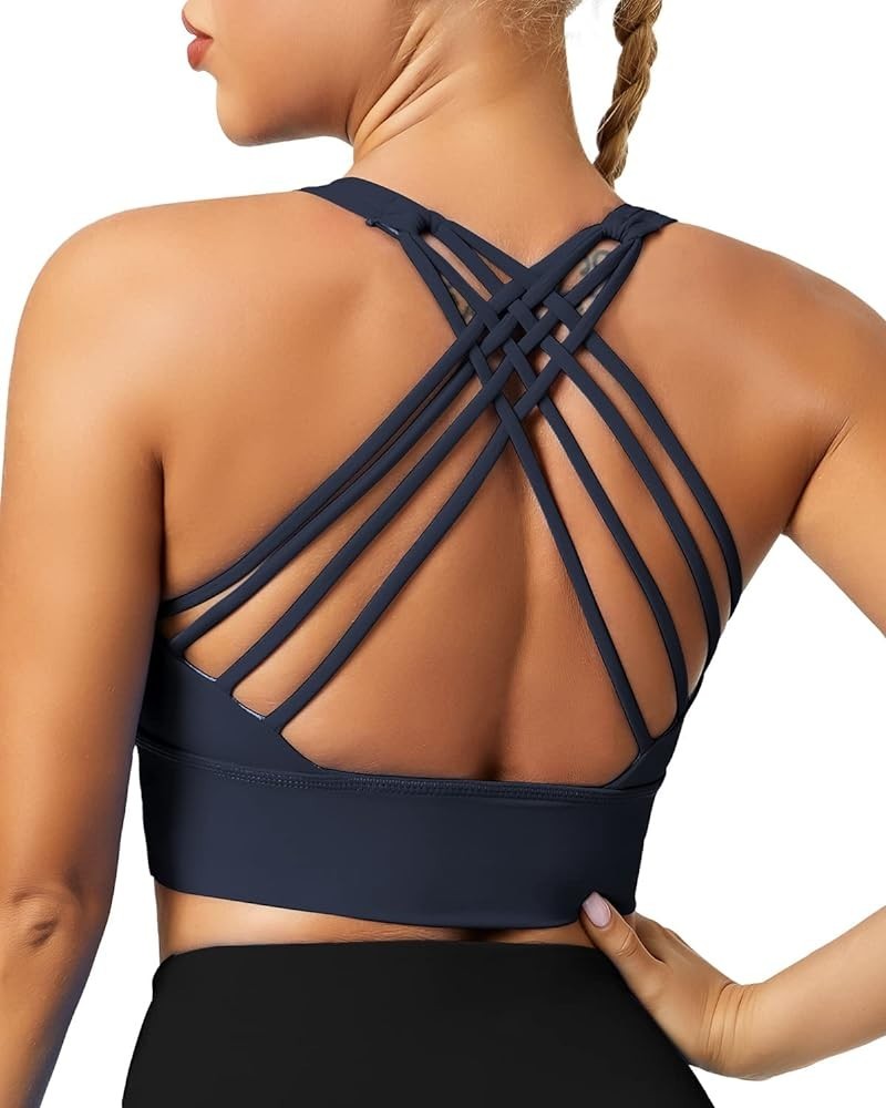 Strappy Sports Bras for Women, Padded Yoga Bra Criss-Cross Back Longline Workout Tank Tops Dark Blue New $11.95 Lingerie