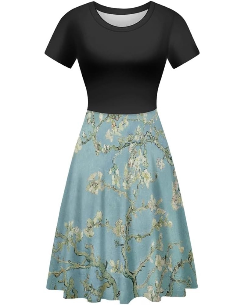 Women's Van Gogh 3D Print Crew Neck Unique Flared A-Line Skater Casual Dress Almond Blossom Tree $15.11 Dresses