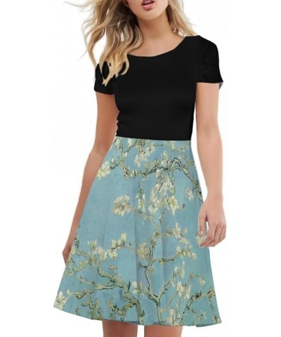 Women's Van Gogh 3D Print Crew Neck Unique Flared A-Line Skater Casual Dress Almond Blossom Tree $15.11 Dresses