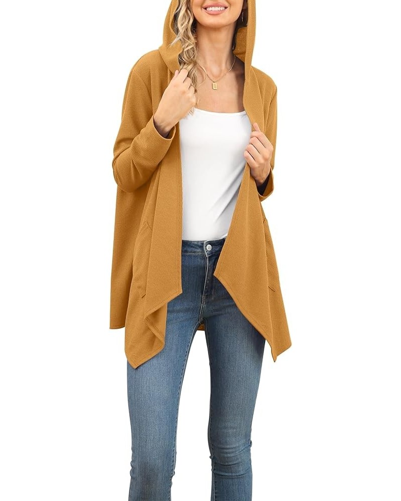Womens Lightweight Casual Hoodie Cardigans Open Front Waffle Knit Long Sleeve Outwear Coat with Pockets Turmeric $16.56 Sweaters