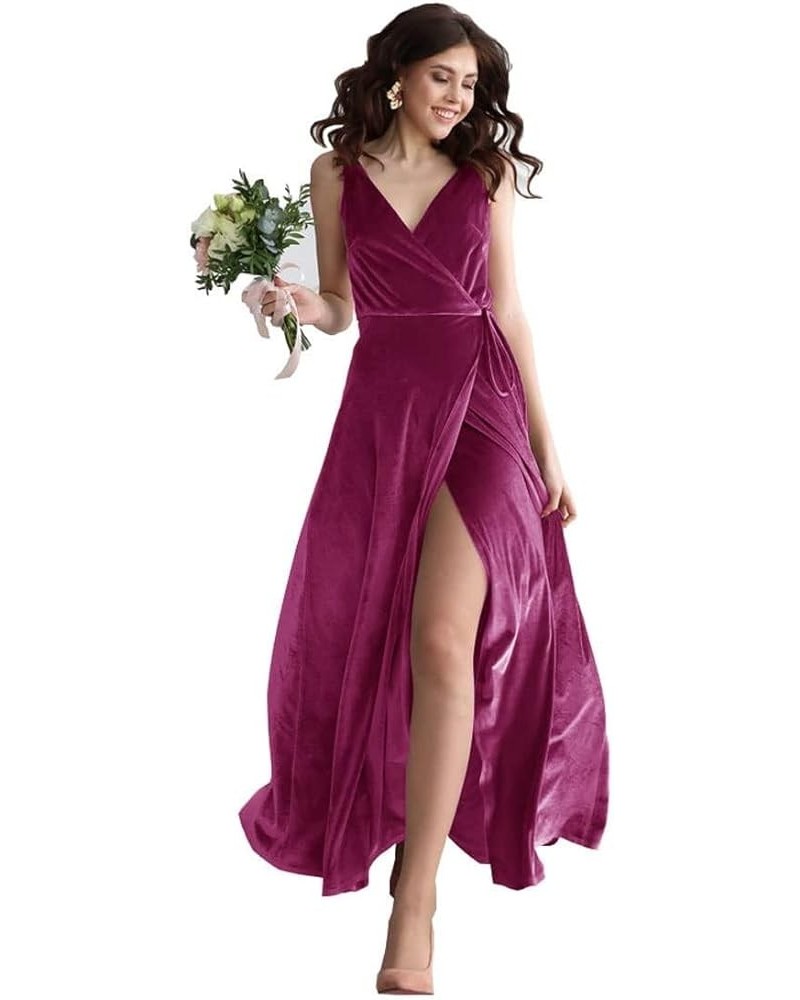 Velvet V Neck Bridesmaid Dress Long Women's Prom Formal Party Gown with Slit Fuchsia $34.85 Dresses