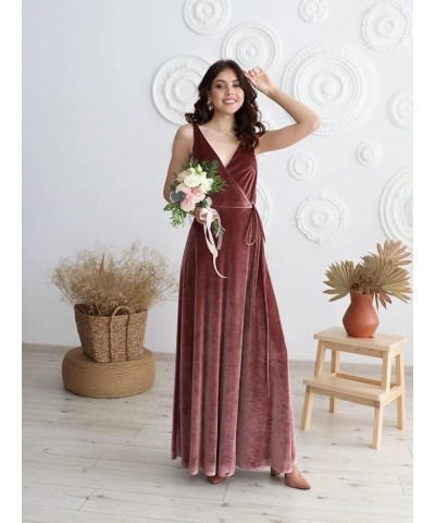 Velvet V Neck Bridesmaid Dress Long Women's Prom Formal Party Gown with Slit Fuchsia $34.85 Dresses