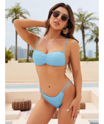 Bikini Sets Women 2 Piece Swimsuits Spaghetti Strap Brazilian Bikini Ruched Swimsuit Bathing Suit Light Blue $13.76 Swimsuits