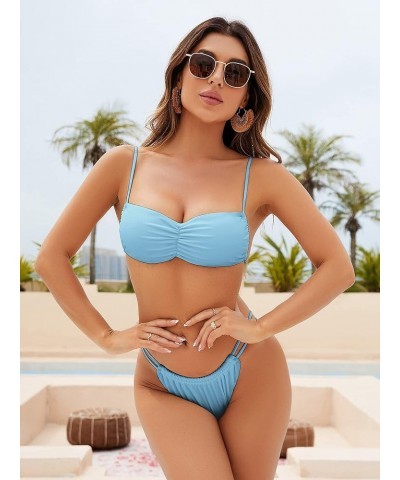 Bikini Sets Women 2 Piece Swimsuits Spaghetti Strap Brazilian Bikini Ruched Swimsuit Bathing Suit Light Blue $13.76 Swimsuits