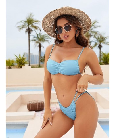 Bikini Sets Women 2 Piece Swimsuits Spaghetti Strap Brazilian Bikini Ruched Swimsuit Bathing Suit Light Blue $13.76 Swimsuits