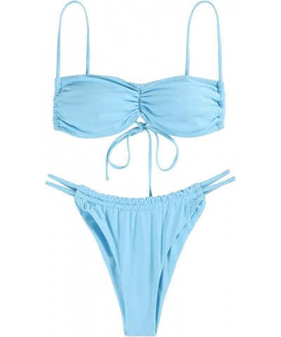 Bikini Sets Women 2 Piece Swimsuits Spaghetti Strap Brazilian Bikini Ruched Swimsuit Bathing Suit Light Blue $13.76 Swimsuits