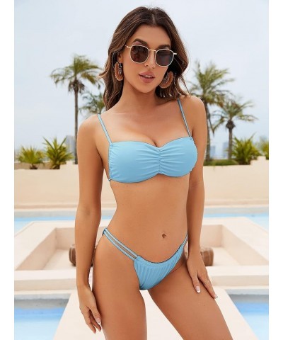 Bikini Sets Women 2 Piece Swimsuits Spaghetti Strap Brazilian Bikini Ruched Swimsuit Bathing Suit Light Blue $13.76 Swimsuits