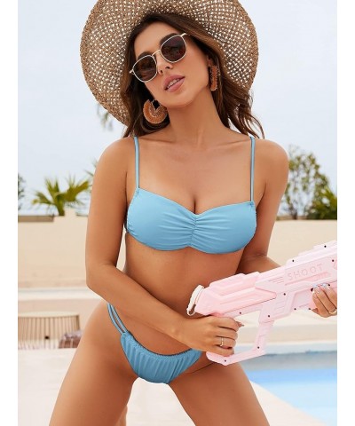 Bikini Sets Women 2 Piece Swimsuits Spaghetti Strap Brazilian Bikini Ruched Swimsuit Bathing Suit Light Blue $13.76 Swimsuits