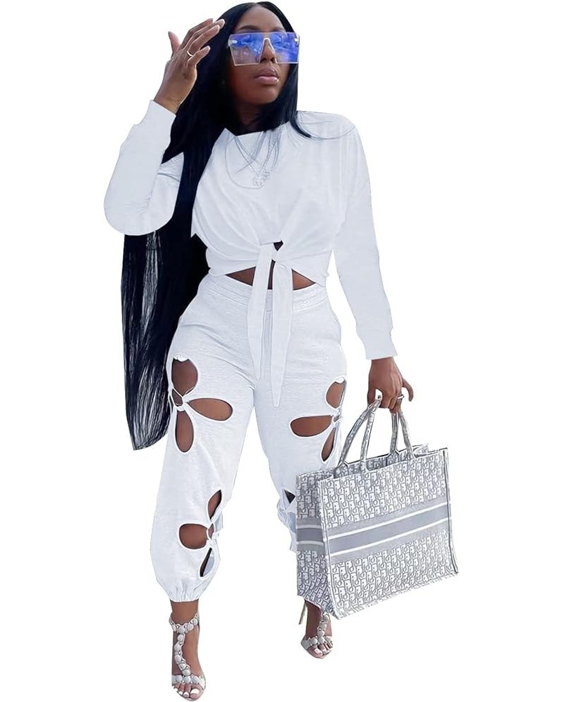 Women's 2 Piece Outfits Knot Crop Top Flower Hollowed Out Long Pants casual Summer Tracksuit Sets White-1 $11.39 Activewear