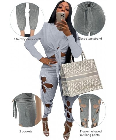 Women's 2 Piece Outfits Knot Crop Top Flower Hollowed Out Long Pants casual Summer Tracksuit Sets White-1 $11.39 Activewear