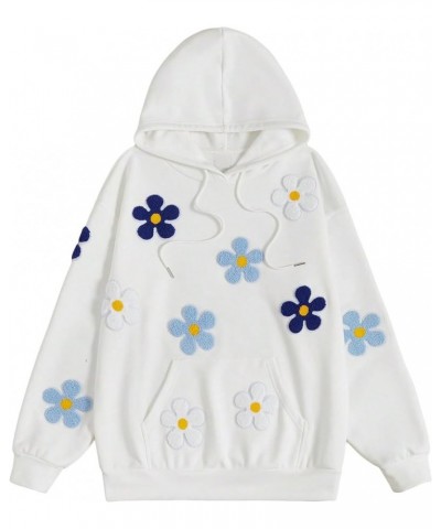 Women's Floral Print Drop Shoulder Drawstring Hoodie Sweatshirt with Pocket White $10.19 Hoodies & Sweatshirts