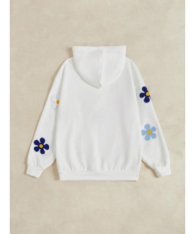 Women's Floral Print Drop Shoulder Drawstring Hoodie Sweatshirt with Pocket White $10.19 Hoodies & Sweatshirts