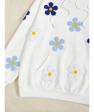 Women's Floral Print Drop Shoulder Drawstring Hoodie Sweatshirt with Pocket White $10.19 Hoodies & Sweatshirts