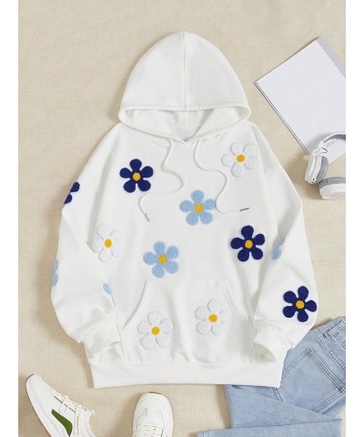 Women's Floral Print Drop Shoulder Drawstring Hoodie Sweatshirt with Pocket White $10.19 Hoodies & Sweatshirts