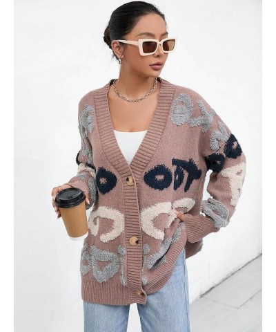 Women's Letter Print Open Front Cardigan Sweater Long Sleeve Button Down Sweaters Mocha Brown $15.40 Sweaters