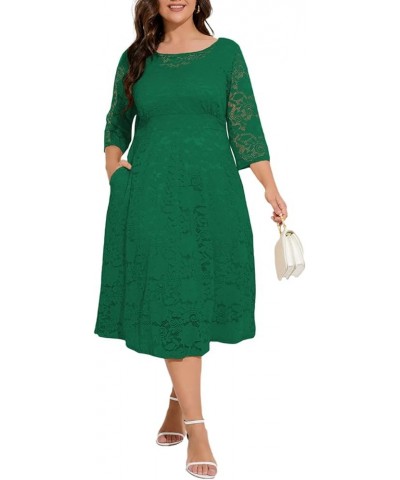 Women Plus Size Floral Lace 3/4 Sleeve Party Wedding Cocktail Swing Midi Dress with Pockets 6 Green $10.25 Dresses