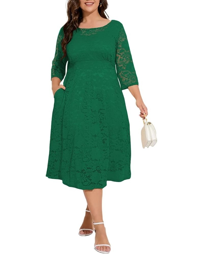 Women Plus Size Floral Lace 3/4 Sleeve Party Wedding Cocktail Swing Midi Dress with Pockets 6 Green $10.25 Dresses