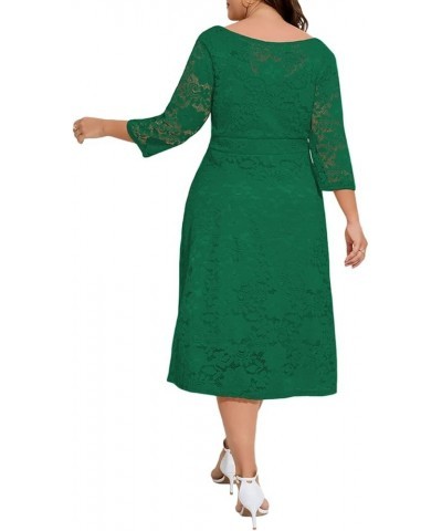 Women Plus Size Floral Lace 3/4 Sleeve Party Wedding Cocktail Swing Midi Dress with Pockets 6 Green $10.25 Dresses