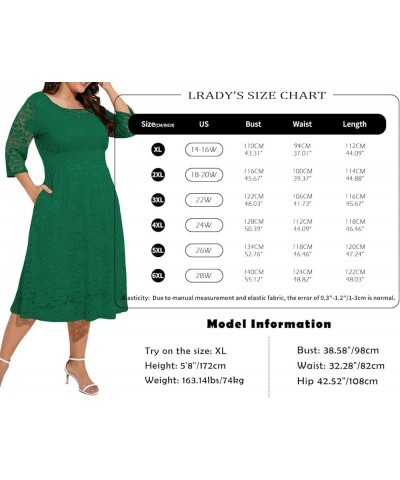 Women Plus Size Floral Lace 3/4 Sleeve Party Wedding Cocktail Swing Midi Dress with Pockets 6 Green $10.25 Dresses