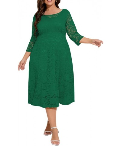 Women Plus Size Floral Lace 3/4 Sleeve Party Wedding Cocktail Swing Midi Dress with Pockets 6 Green $10.25 Dresses