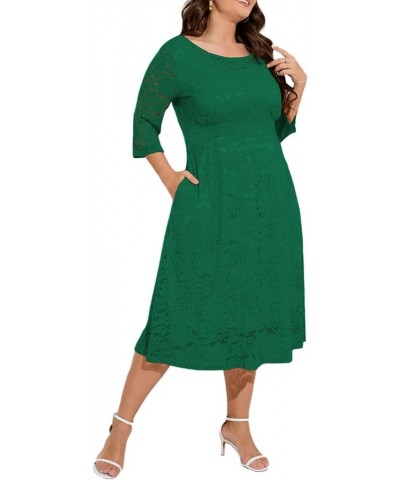 Women Plus Size Floral Lace 3/4 Sleeve Party Wedding Cocktail Swing Midi Dress with Pockets 6 Green $10.25 Dresses