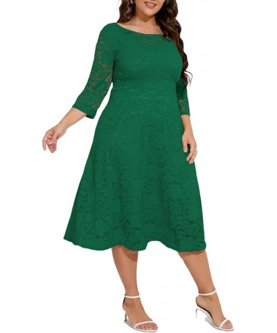 Women Plus Size Floral Lace 3/4 Sleeve Party Wedding Cocktail Swing Midi Dress with Pockets 6 Green $10.25 Dresses