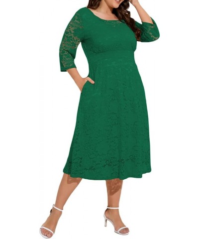 Women Plus Size Floral Lace 3/4 Sleeve Party Wedding Cocktail Swing Midi Dress with Pockets 6 Green $10.25 Dresses