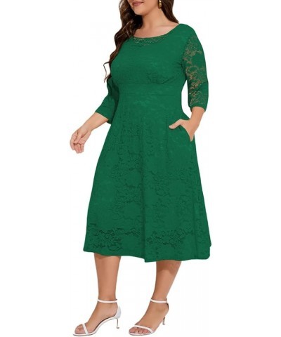 Women Plus Size Floral Lace 3/4 Sleeve Party Wedding Cocktail Swing Midi Dress with Pockets 6 Green $10.25 Dresses